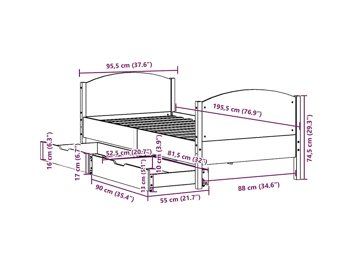 Letto senza Materasso Bianco 90x190 cm in Legno Massello Pino