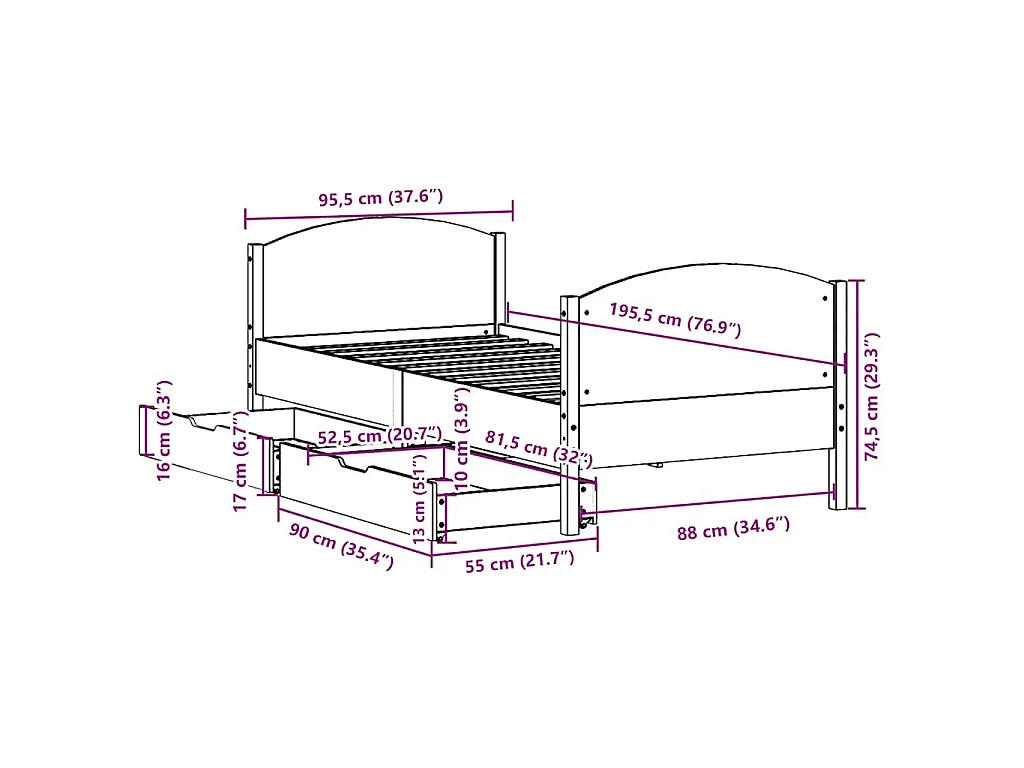 Bedframe zonder matras massief grenenhout wit 90x190 cm