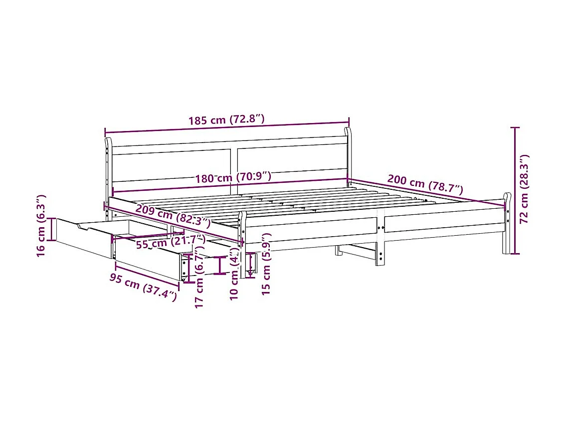 Cadre de lit sans matelas blanc 180x200 cm bois massif de pin