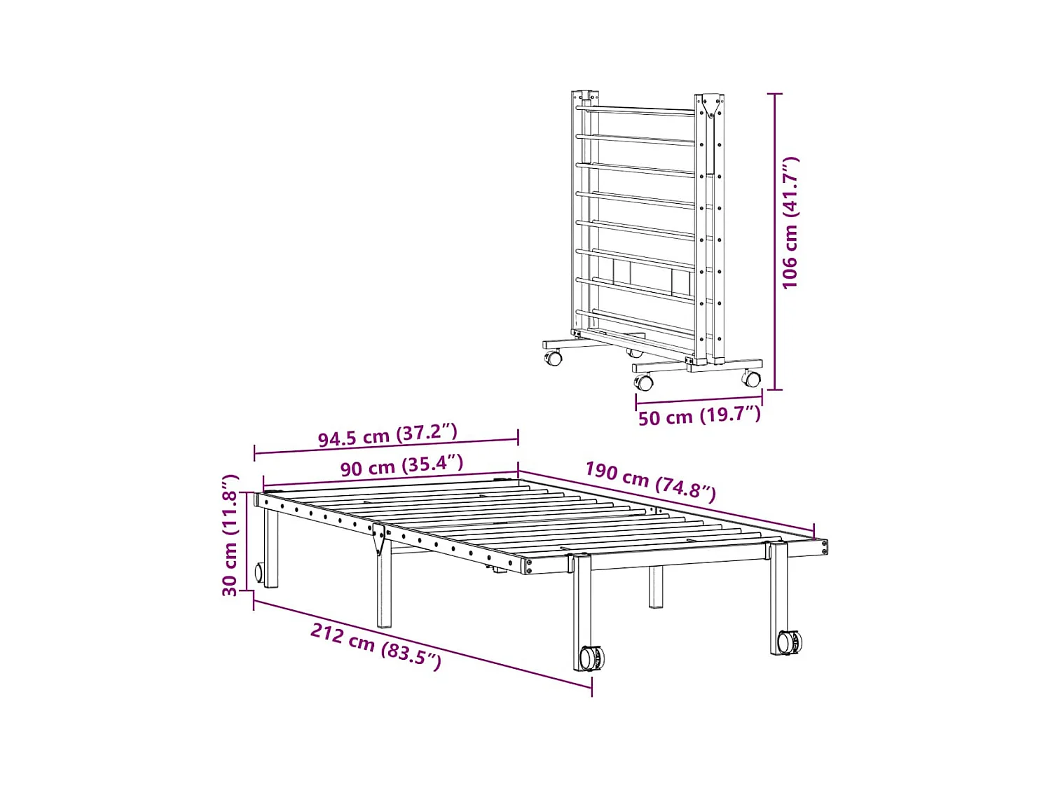 Estrutura de cama sem colchão Dobrável 90x190 cm aço branco