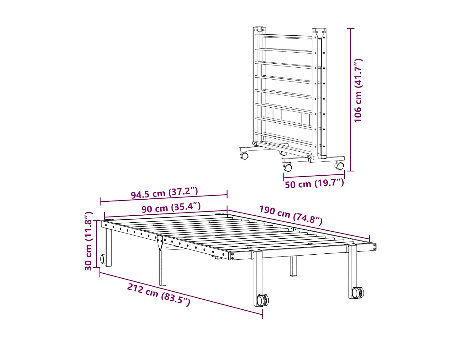 Cadre de lit sans matelas pliable blanc 90x190 cm acier