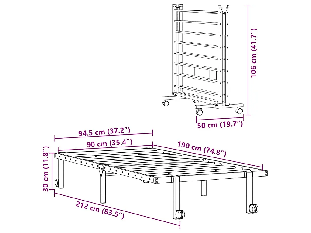 Bedframe zonder matras opvouwbaar 90x190 cm staal wit