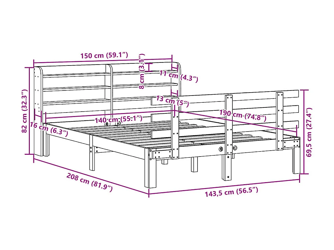 Estructura cama con cabecero madera pino marrón cera 140x190 cm
