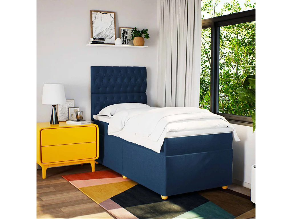 Cama box spring con colchón tela azul 100x200 cm