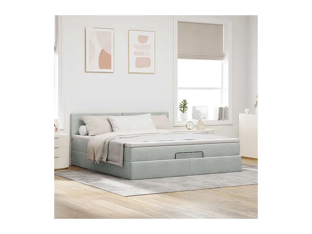 Cadre de lit ottoman avec matelas gris clair 160x200 cm velours