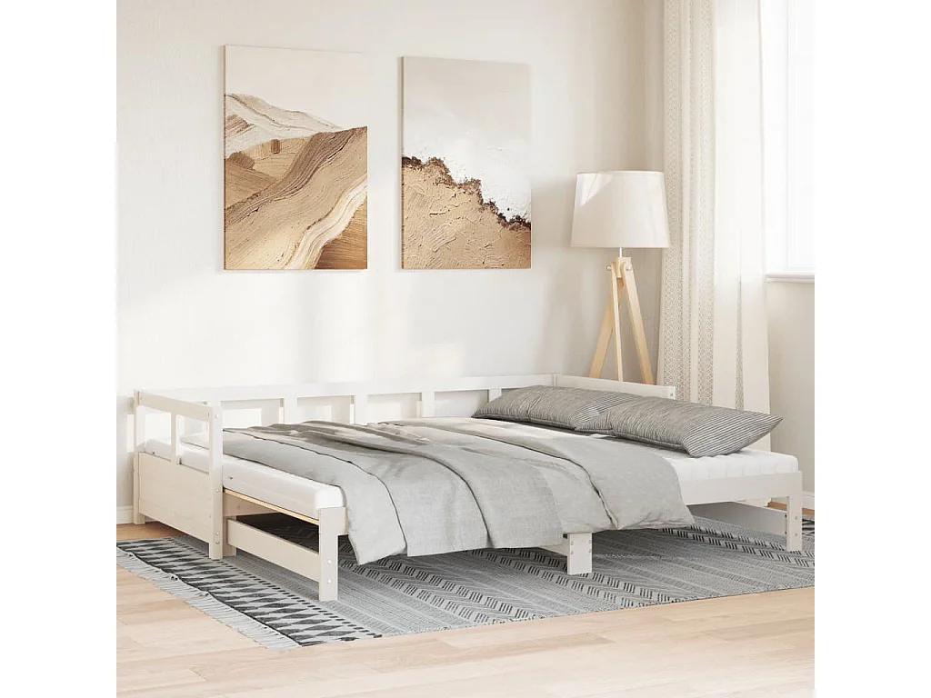 Divano Letto con Rotelle e Materasso Bianco 90x200cm Legno Pino