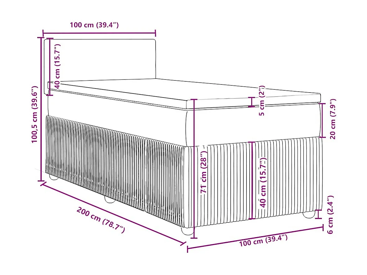 Cama box spring con colchón tela gris claro 100x200 cm