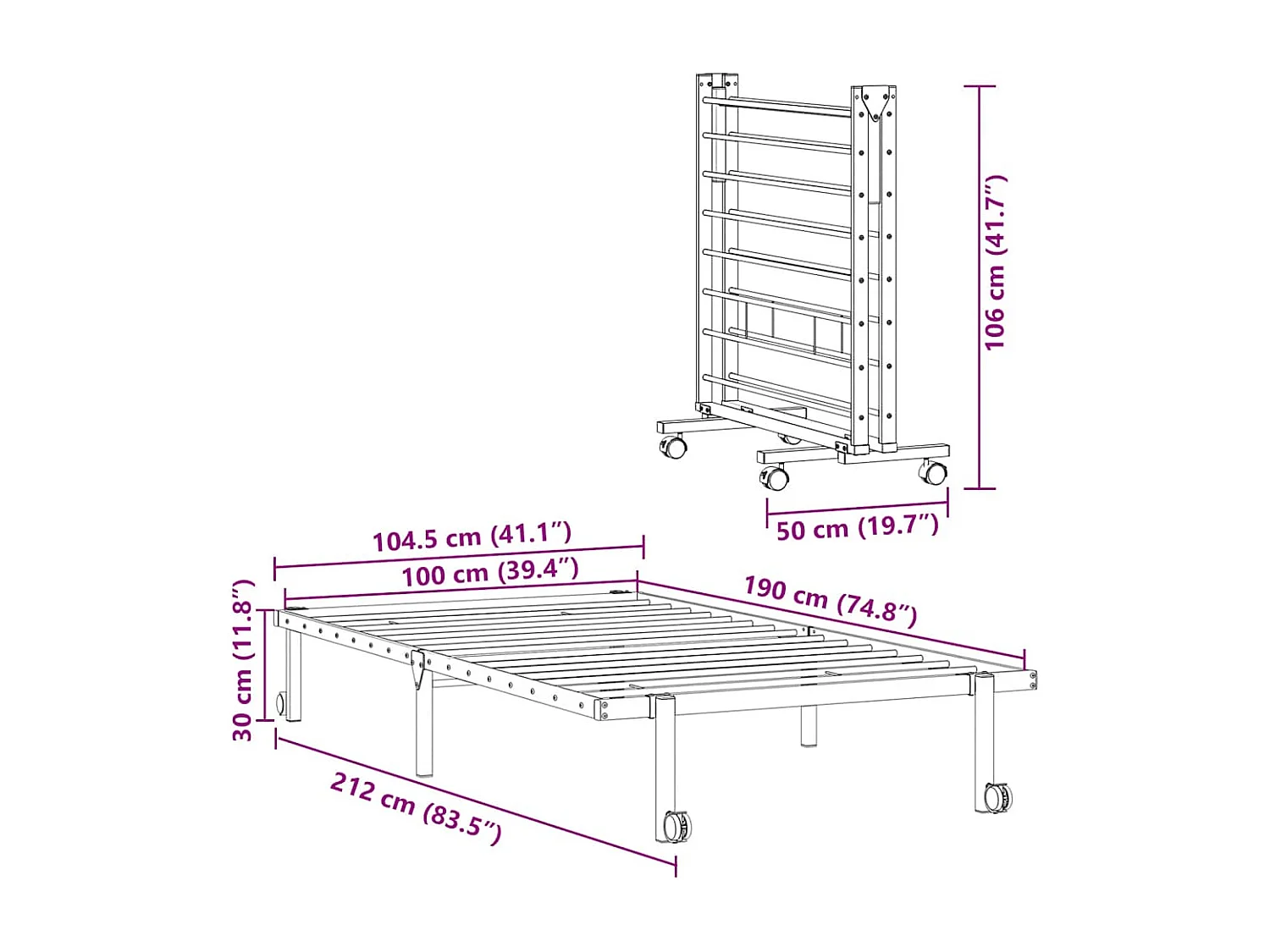 Cadre de lit sans matelas pliable noir 100x190 cm acier
