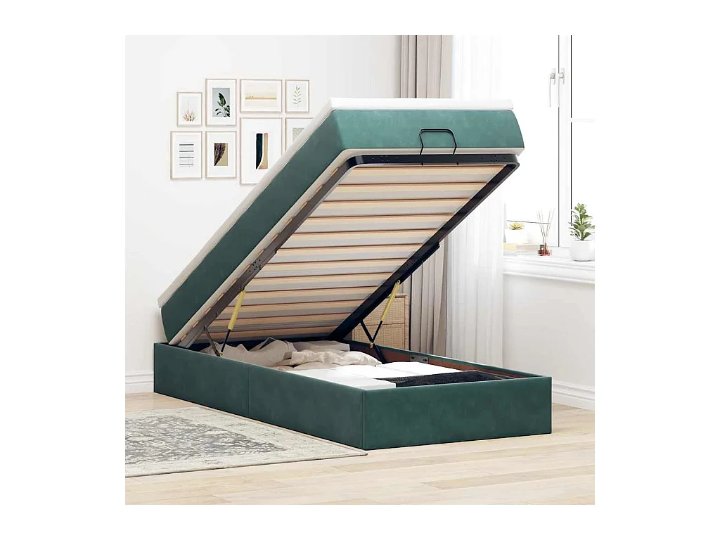 Cadre de lit ottoman avec matelas vert foncé 90x200 cm velours