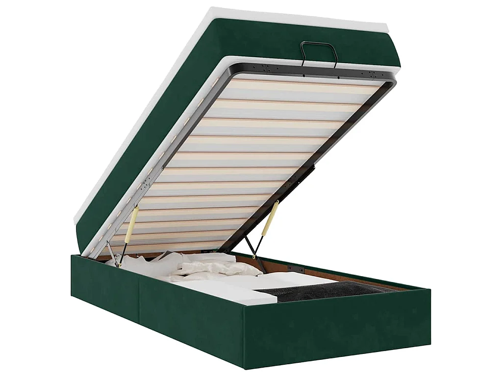 Estructura de cama otomana con colchón terciopelo verde oscuro