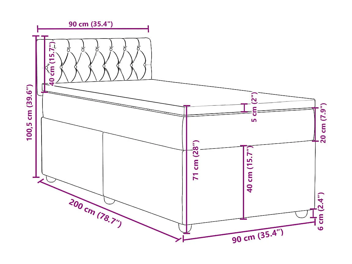 Cama box spring con colchón tela marrón oscuro 90x200 cm
