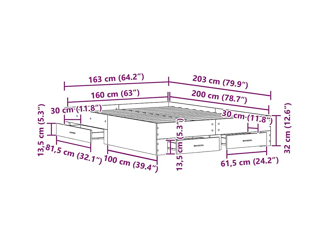 Bedframe met lades Zwart eiken 160 x 200 cm Bewerkt hout