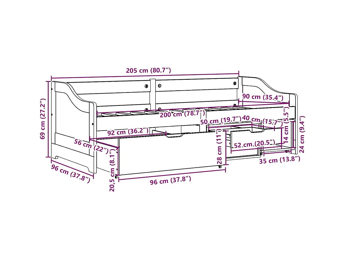 Lit de jour et 3 tiroirs sans matelas IRUN blanc rose 90x200 cm