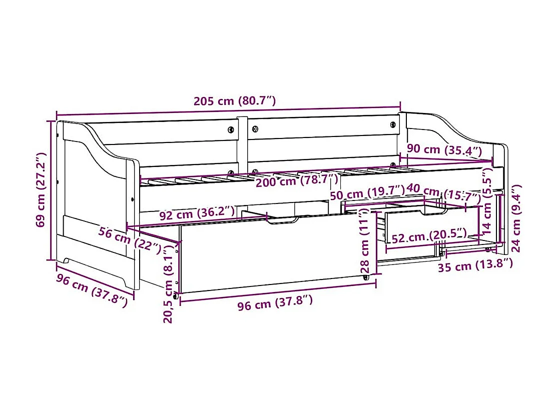 Dormeuse 3 Cassetti senza Materasso Bianco&Rosa 90x200 cm IRUN