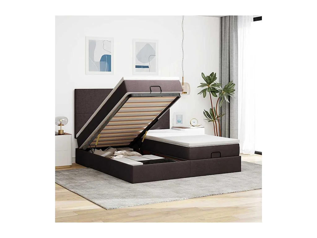 Estrutura de cama otomana com colchões tecido castanho escuro