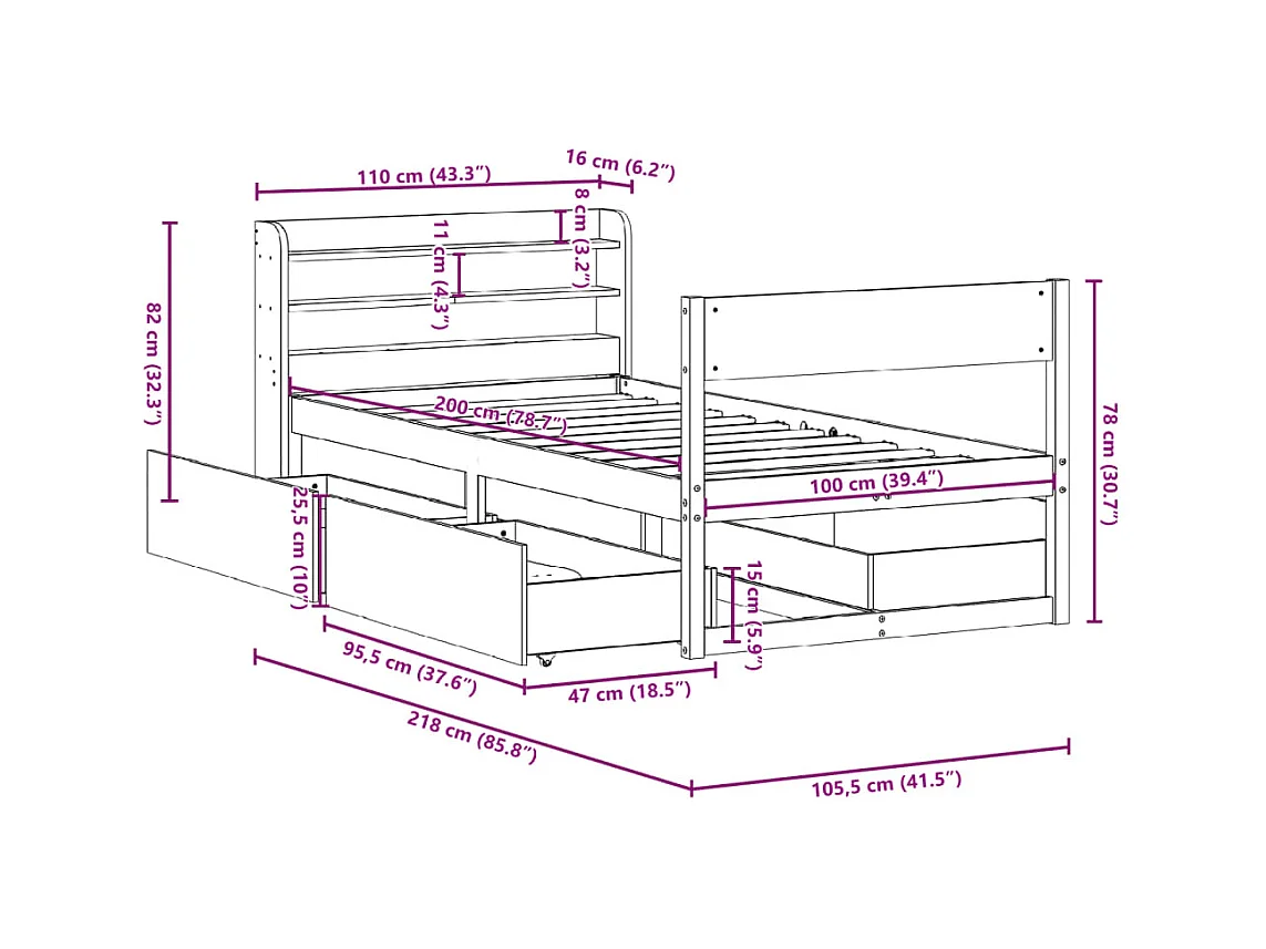 Cadre de lit sans matelas cire marron 100x200cm bois pin massif