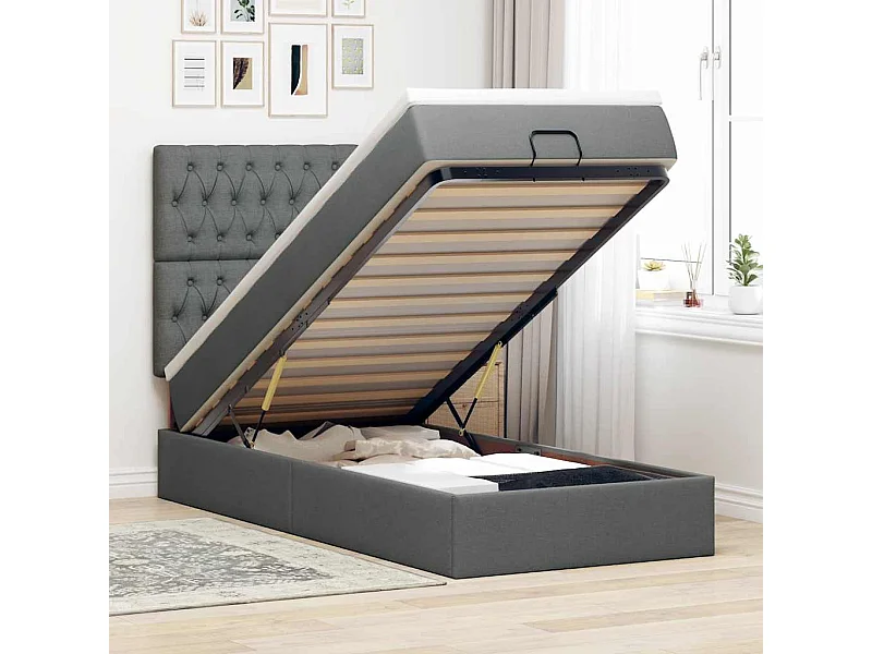 Cadre de lit ottoman avec matelas gris foncé 100x200 cm tissu