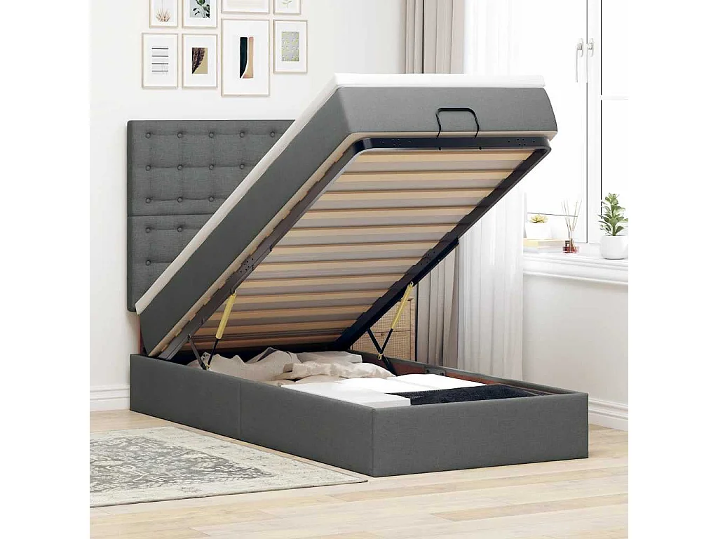 Ottomane Bett mit Matratze & LEDs Dunkelgrau 90x200 cm Stoff