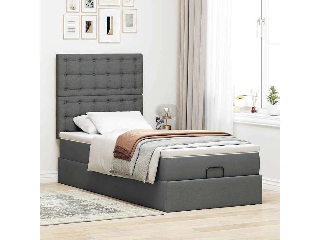 Cama otomana com colchão & LEDs 90x200cm tecido cinzento escuro