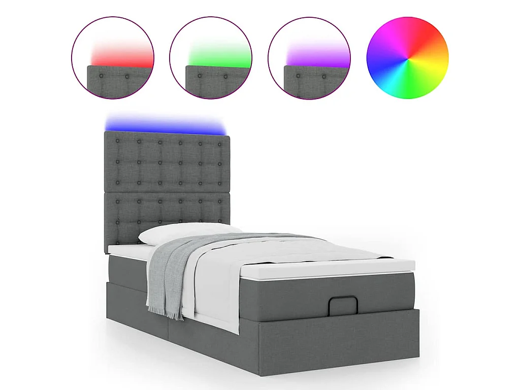 Cama otomana com colchão & LEDs 90x200cm tecido cinzento escuro
