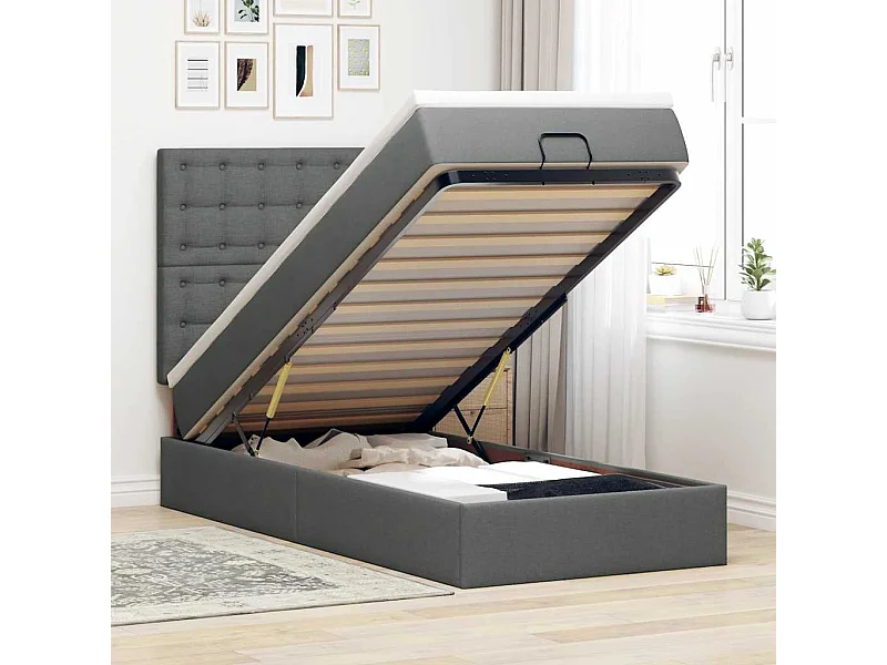 Pouf Letto con Materasso e LED Grigio Scuro 90x200 cm Tessuto