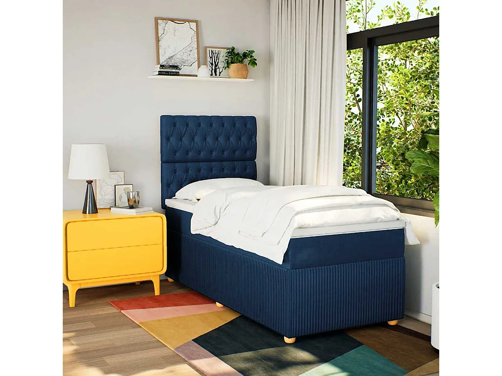 Cama box spring con colchón tela azul 90x200 cm