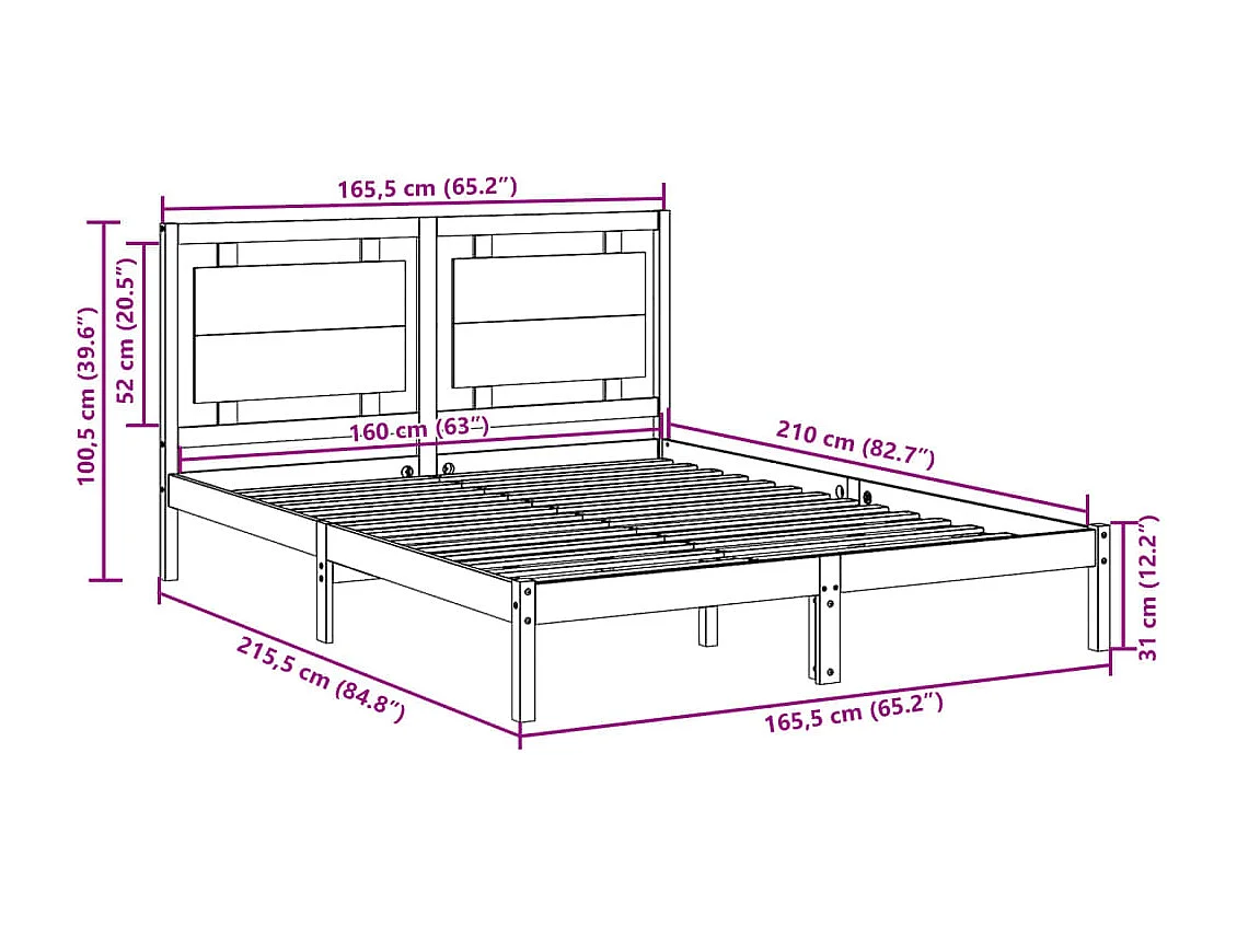 Cadre de lit extra long sans matelas 160x210 cm bois massif