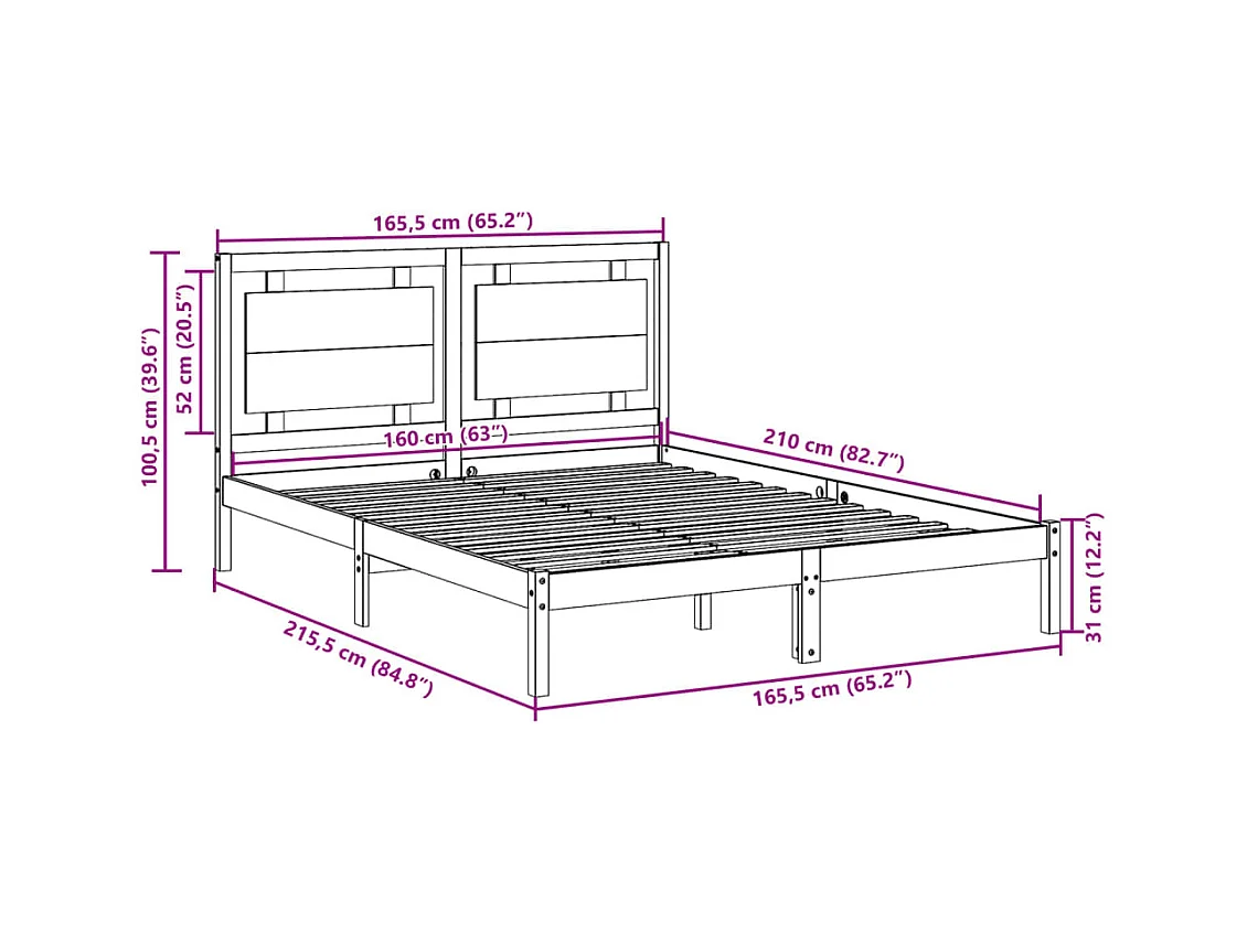 Cadre de lit extra long sans matelas 160x210 cm bois massif