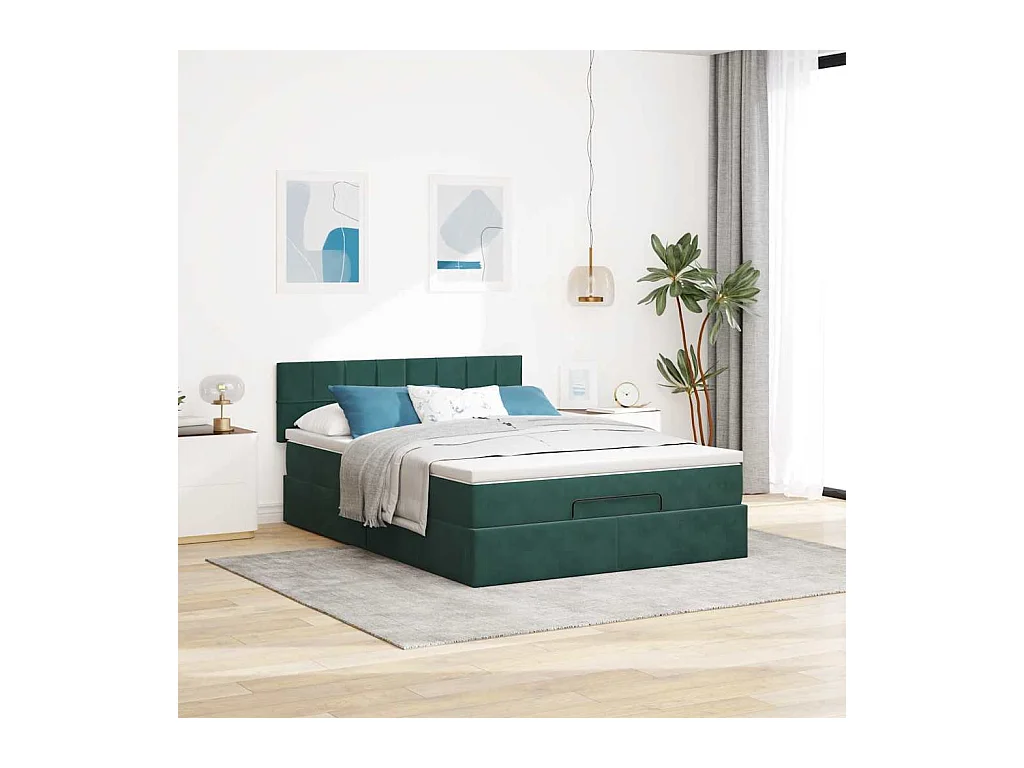 Cadre de lit ottoman avec matelas vert foncé 140x200 cm velours