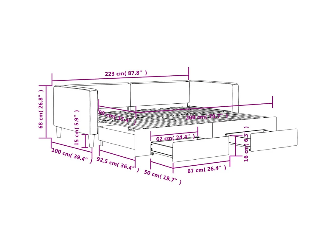 Lit de jour avec gigogne et tiroirs sans matelas taupe 90x200cm