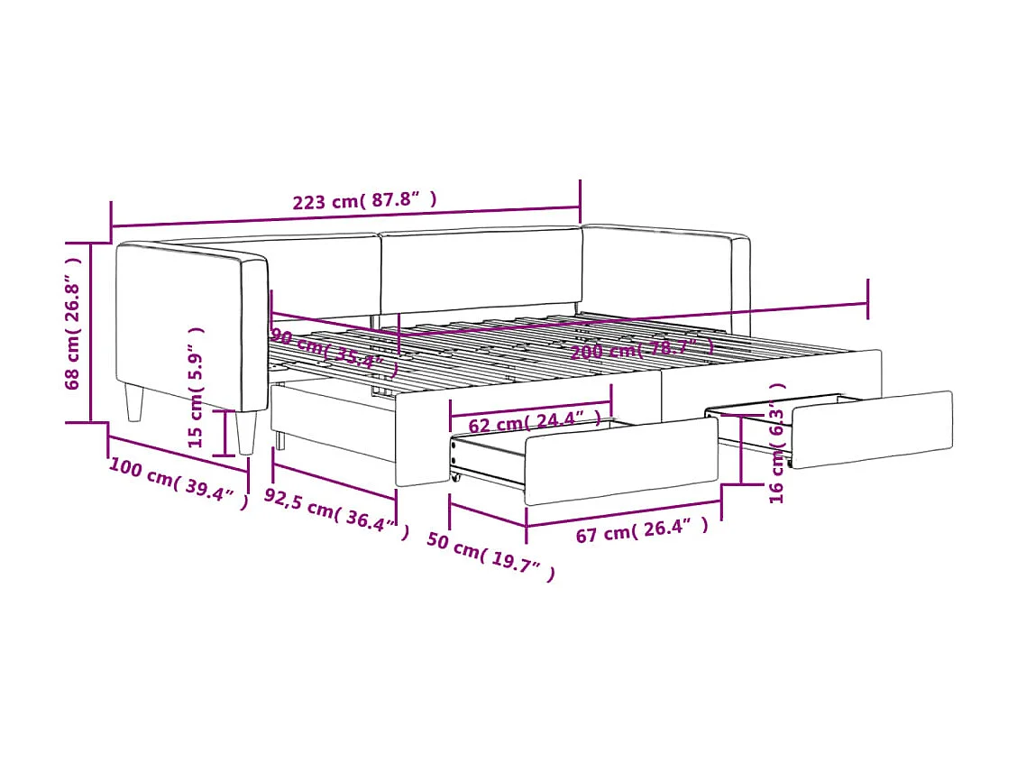 Tagesbett Ausziehbar mit Schubladen Taupe 90x200 cm Stoff