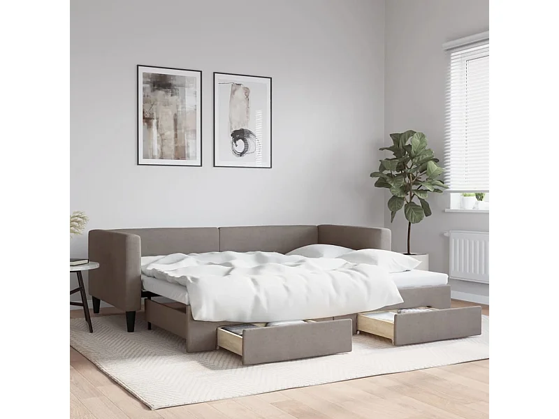 Tagesbett Ausziehbar mit Schubladen Taupe 90x200 cm Stoff