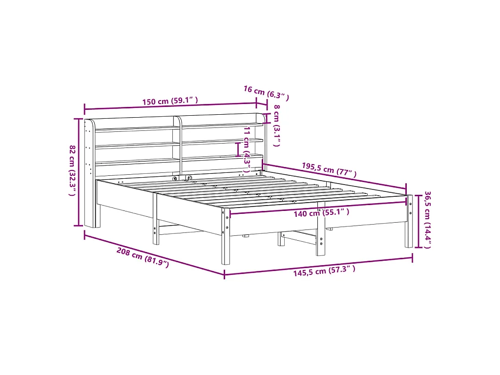 Cadre de lit sans matelas blanc 140x190 cm bois de pin massif