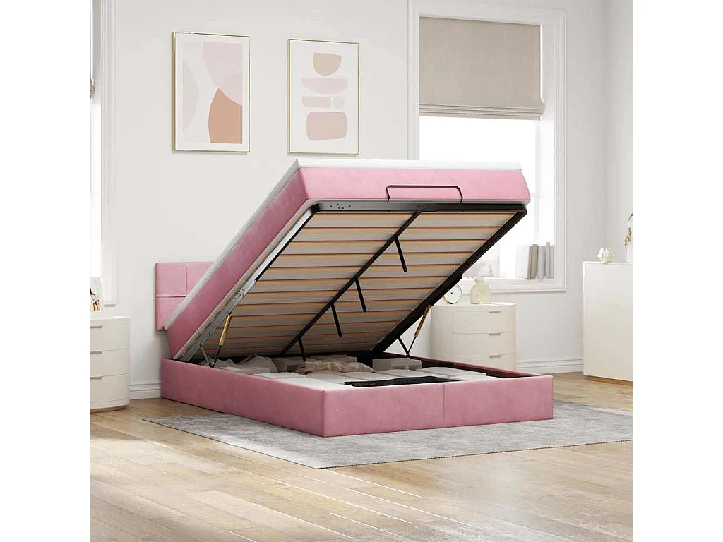 Cadre de lit ottoman avec matelas rose 140x190 cm velours