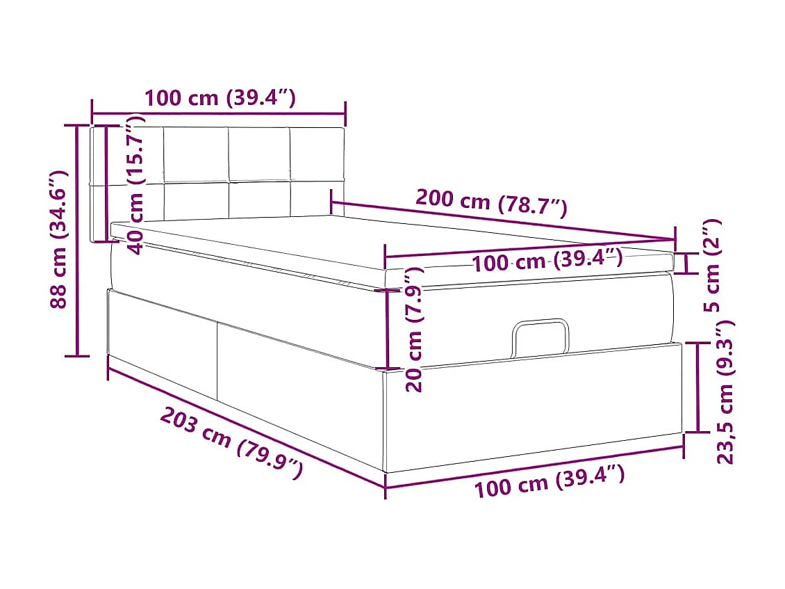 Lit ottoman avec matelas gris clair 100x200 cm tissu