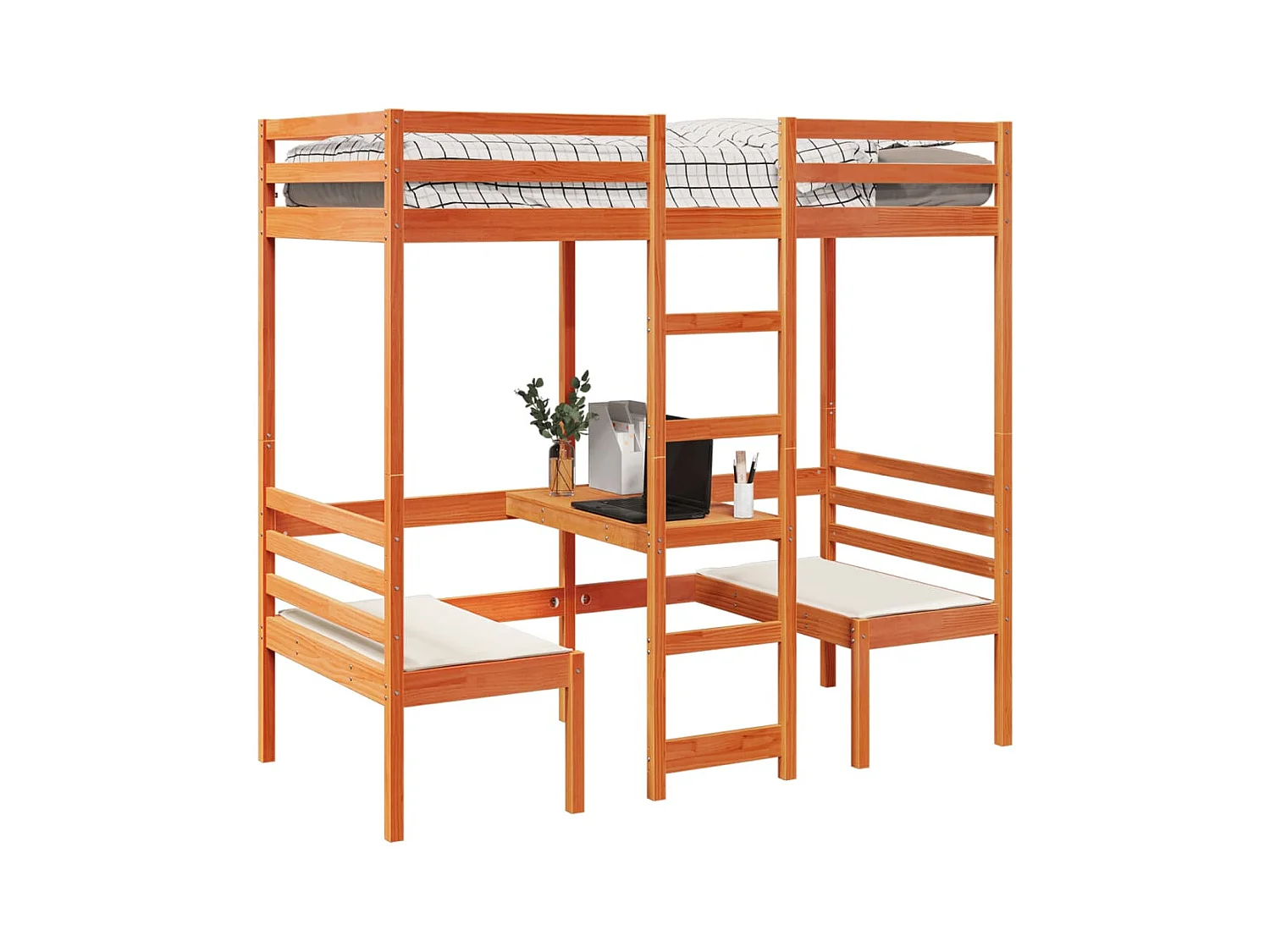 Lit mezzanine avec bureau et chaises brun cire 90x200 cm pin