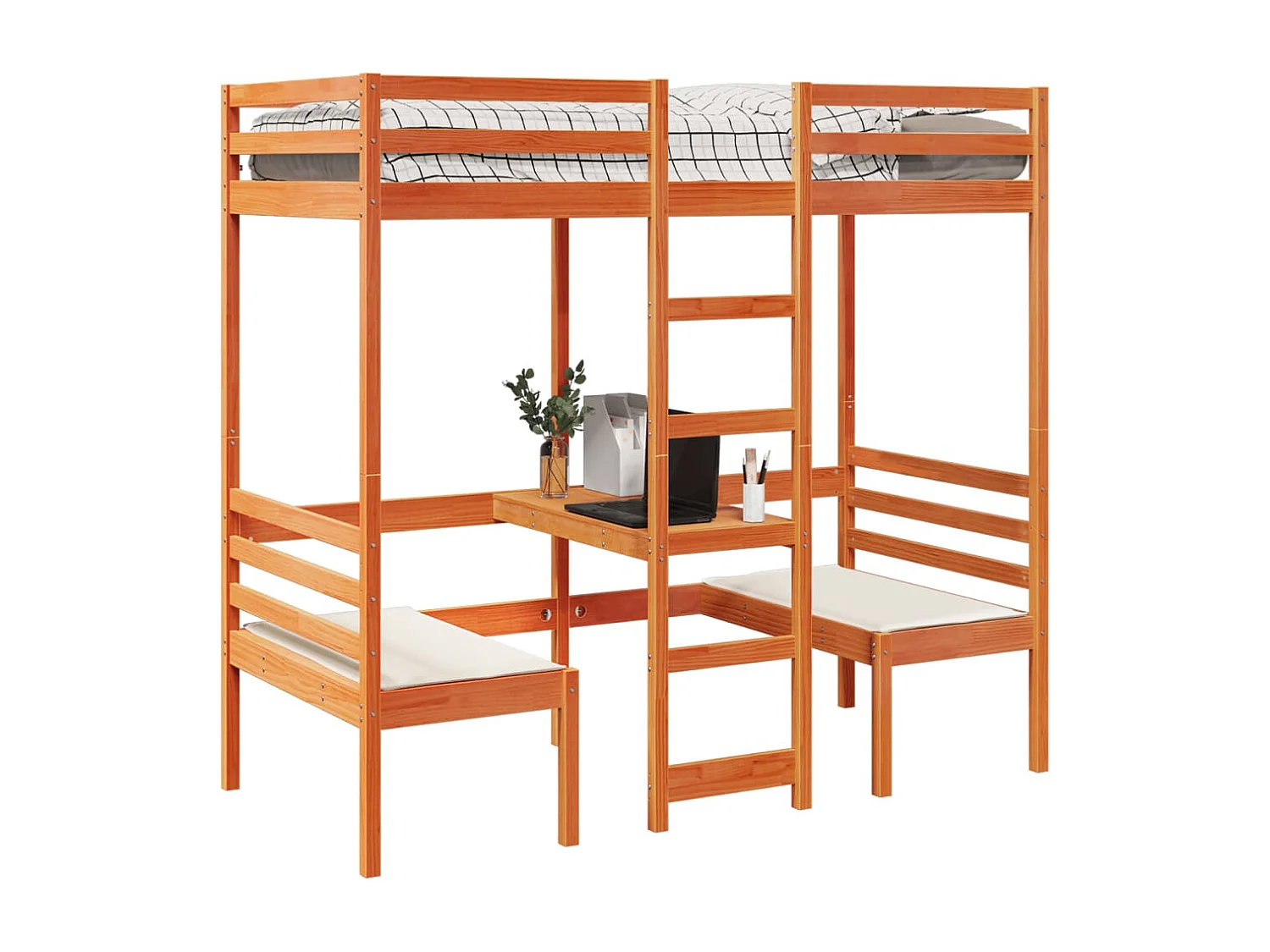 Hochbett mit Schreibtisch & Stühlen Braun 90x200 cm Kiefernholz