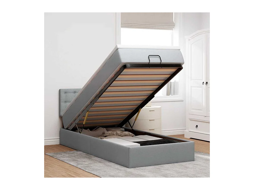 Ottoman-Bett mit Matratze & LEDs Hellgrau 90x190 cm Stoff