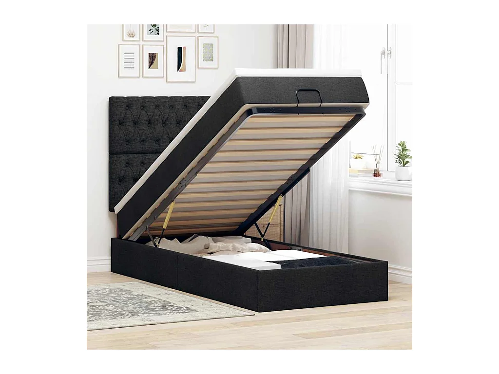 Struttura Letto Pouf con Materasso Nero 90x190 cm in Tessuto
