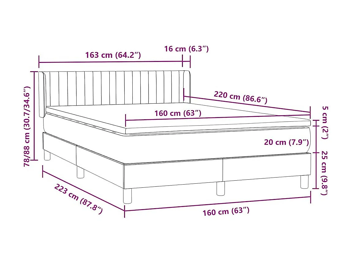 Giroletto a Molle con Materasso Grigio Chiaro 160x220cm Velluto
