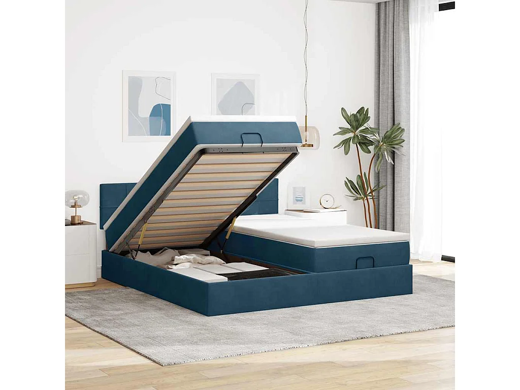 Cadre de lit ottoman avec matelas bleu foncé 160x200 cm velours