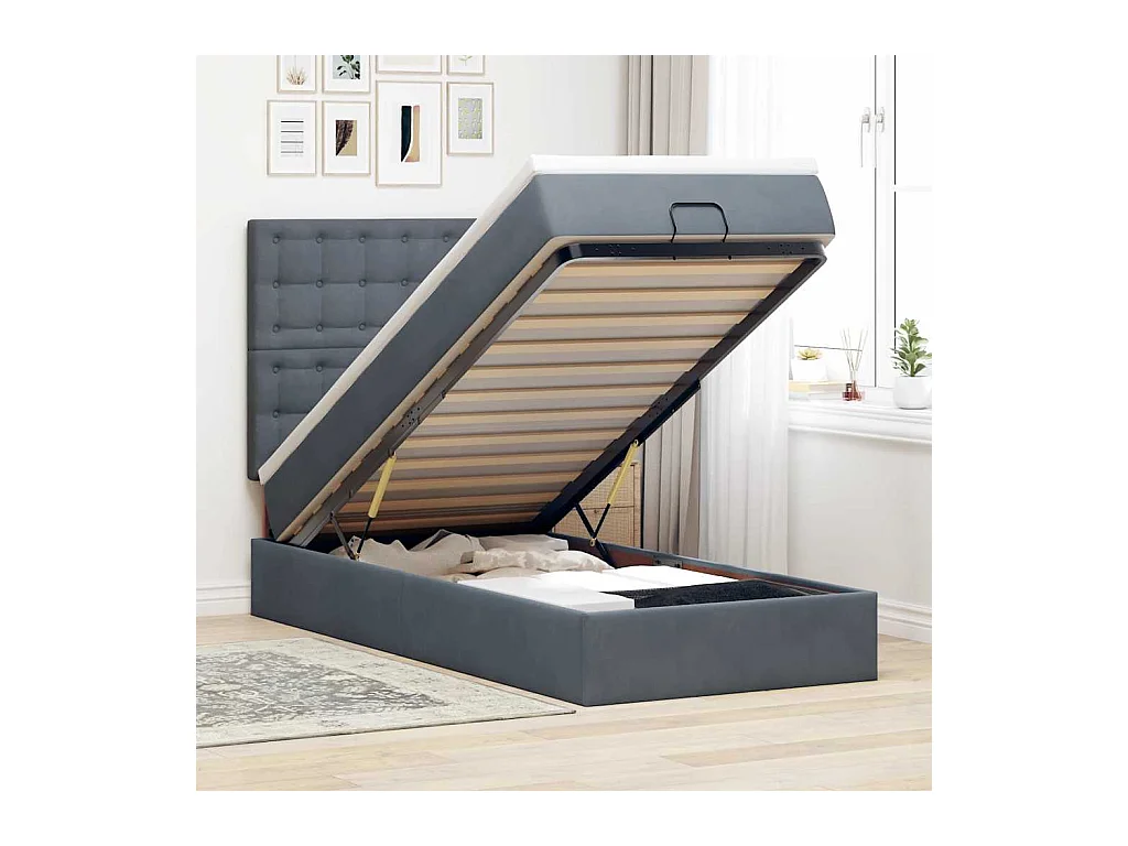 Cadre de lit ottoman et matelas gris foncé 90x200 cm velours