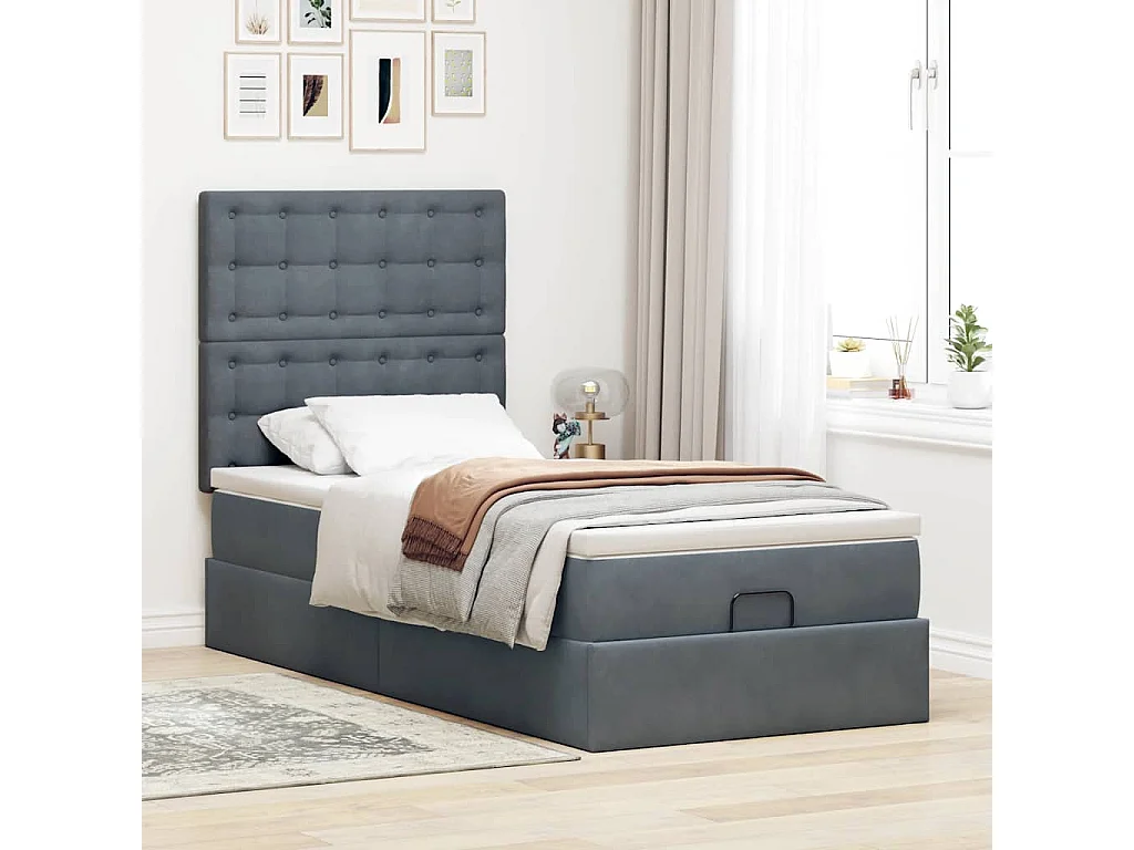 Estrutura de cama otomana com colchões cinza escuro veludo