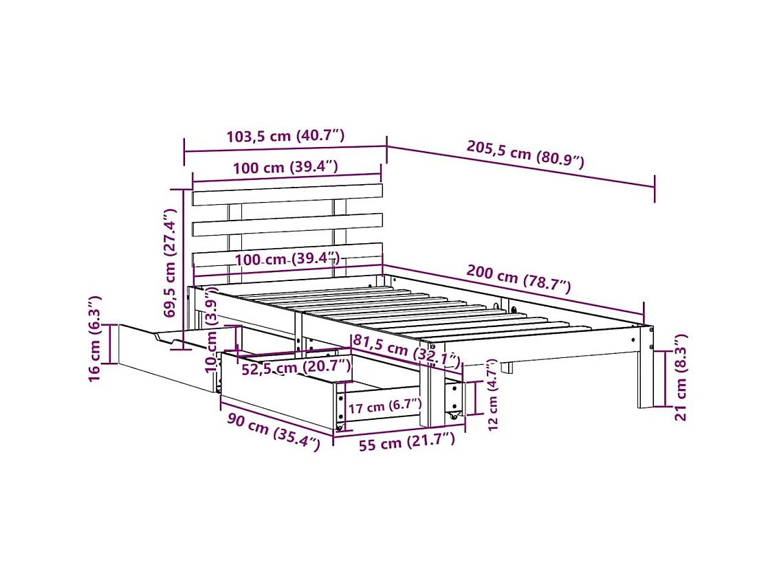 Bedframe met lades massief grenenhout wit 100x200 cm
