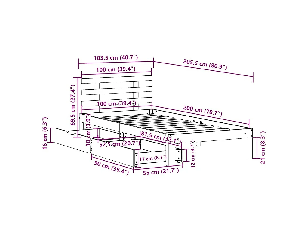 Giroletto con Cassetti Bianco 100x200 cm Legno Massello di Pino