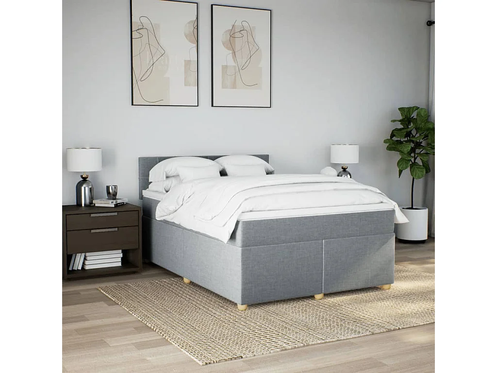 Cama box spring con colchón tela gris claro 160x200 cm