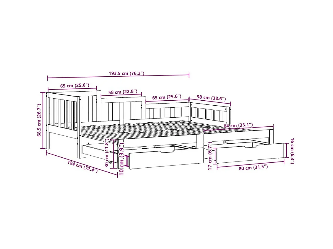 Lit de jour avec gigogne et tiroirs sans matelas 90x190 cm
