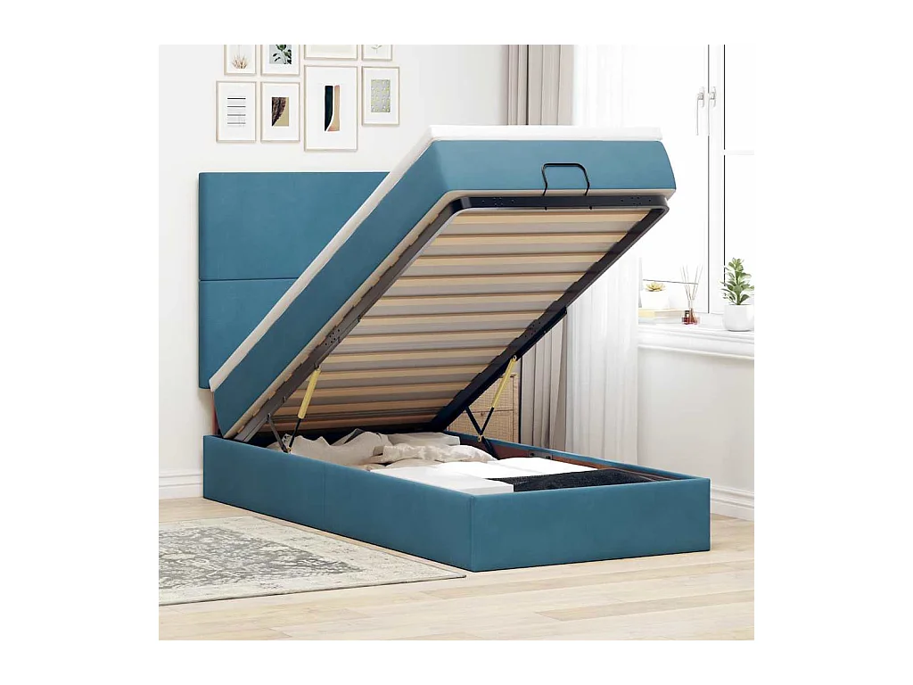 Cadre de lit ottoman avec matelas bleu foncé 90x200 cm velours
