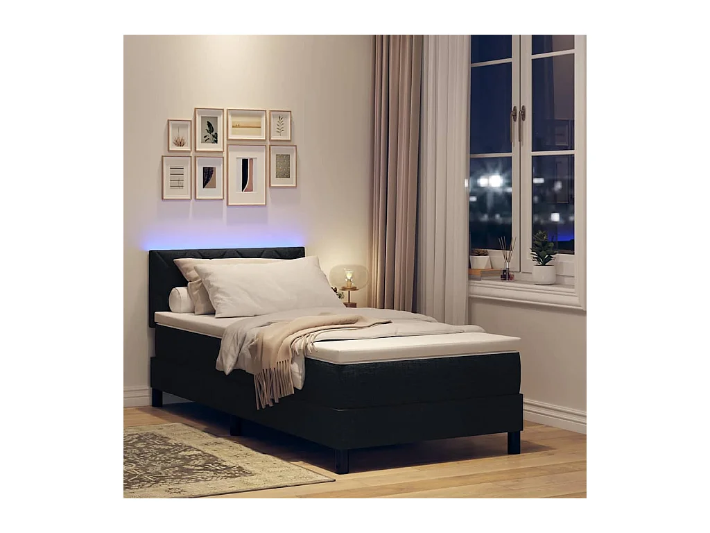 Lit à ressorts avec matelas Noir 90 x 200 cm tissu