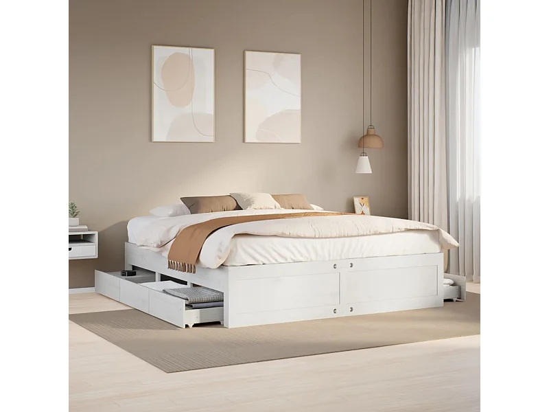 Cama sem colchão com gavetas 180x200 cm pinho maciça branco
